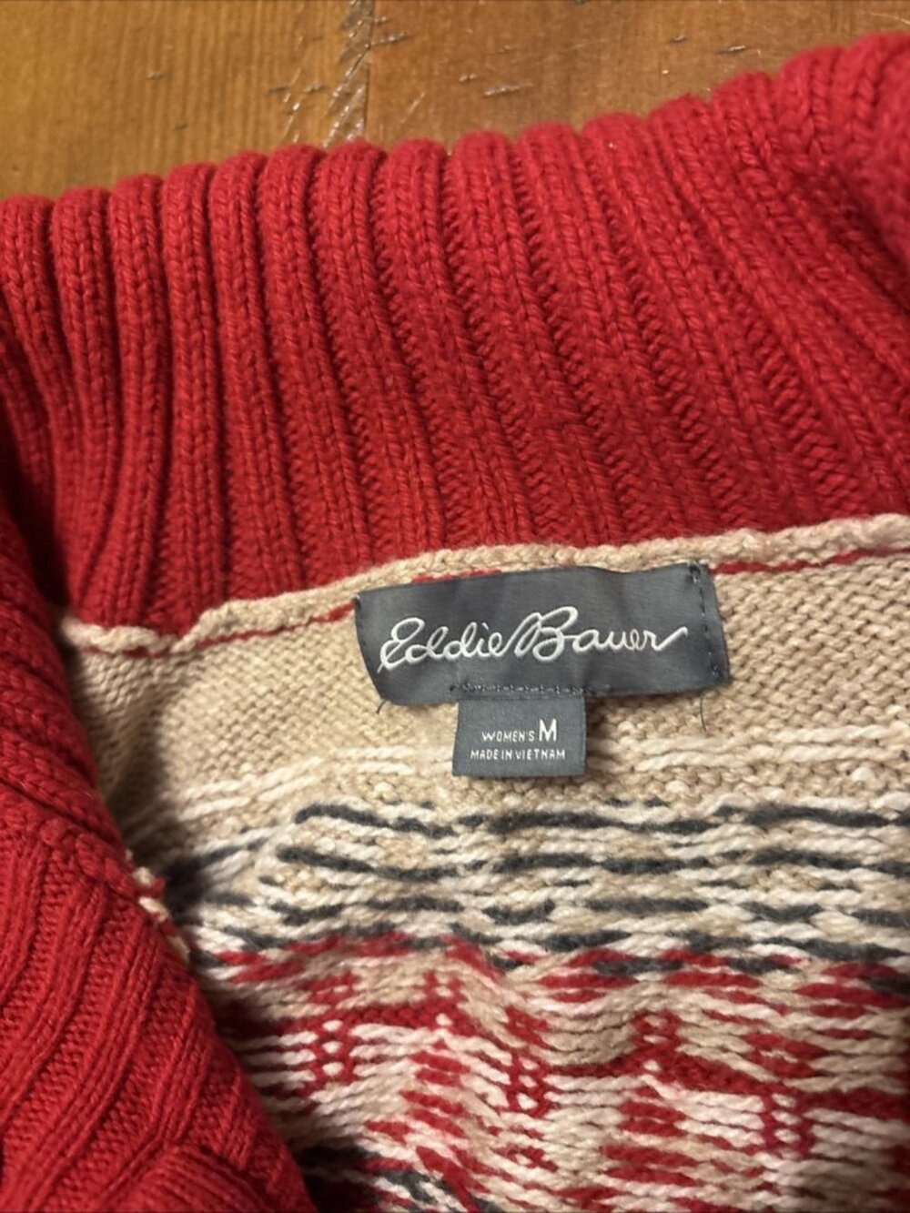 Eddie Bauer Red Fair Isle Wool Blend Full Zip Cardigan Sweater Womens Medium - Picture 4 of 6